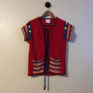 Vintage Floral Folk Tie Collage Acrylic Sweater Cardigan Whimsical Fairy